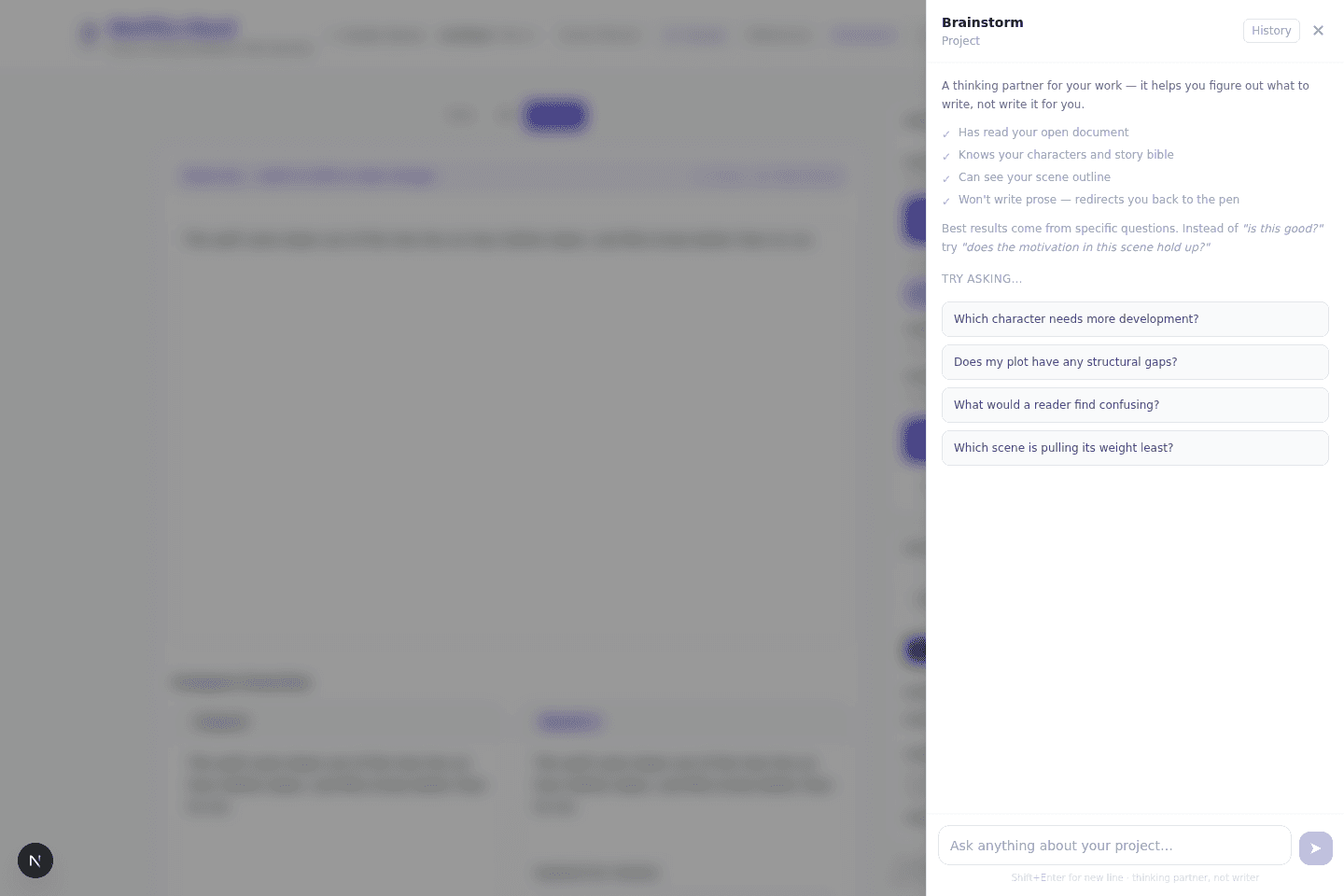 Brainstorm Chat — a thinking partner with starter questions about your project