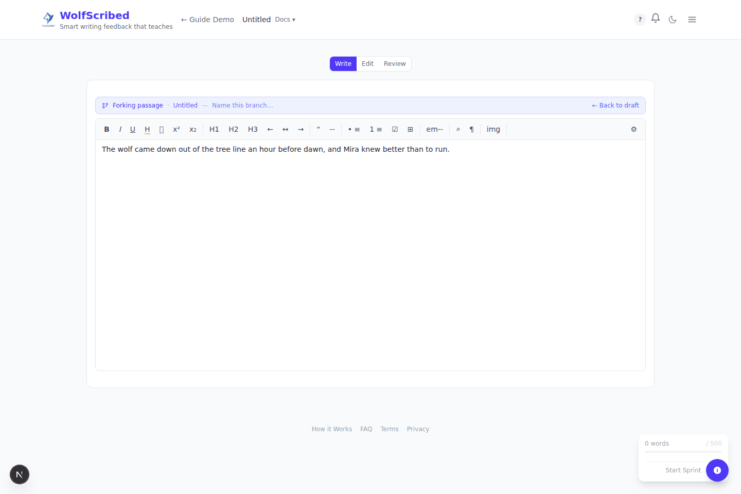 The forked branch opens in Write mode, separate from your original draft