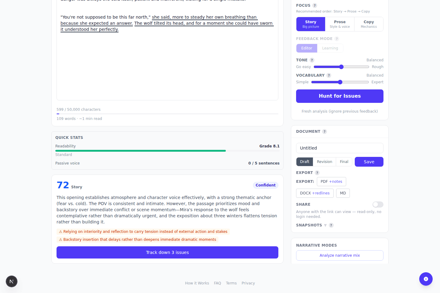 A finished analysis pass in Edit mode — score, confidence, and specific feedback on the passage