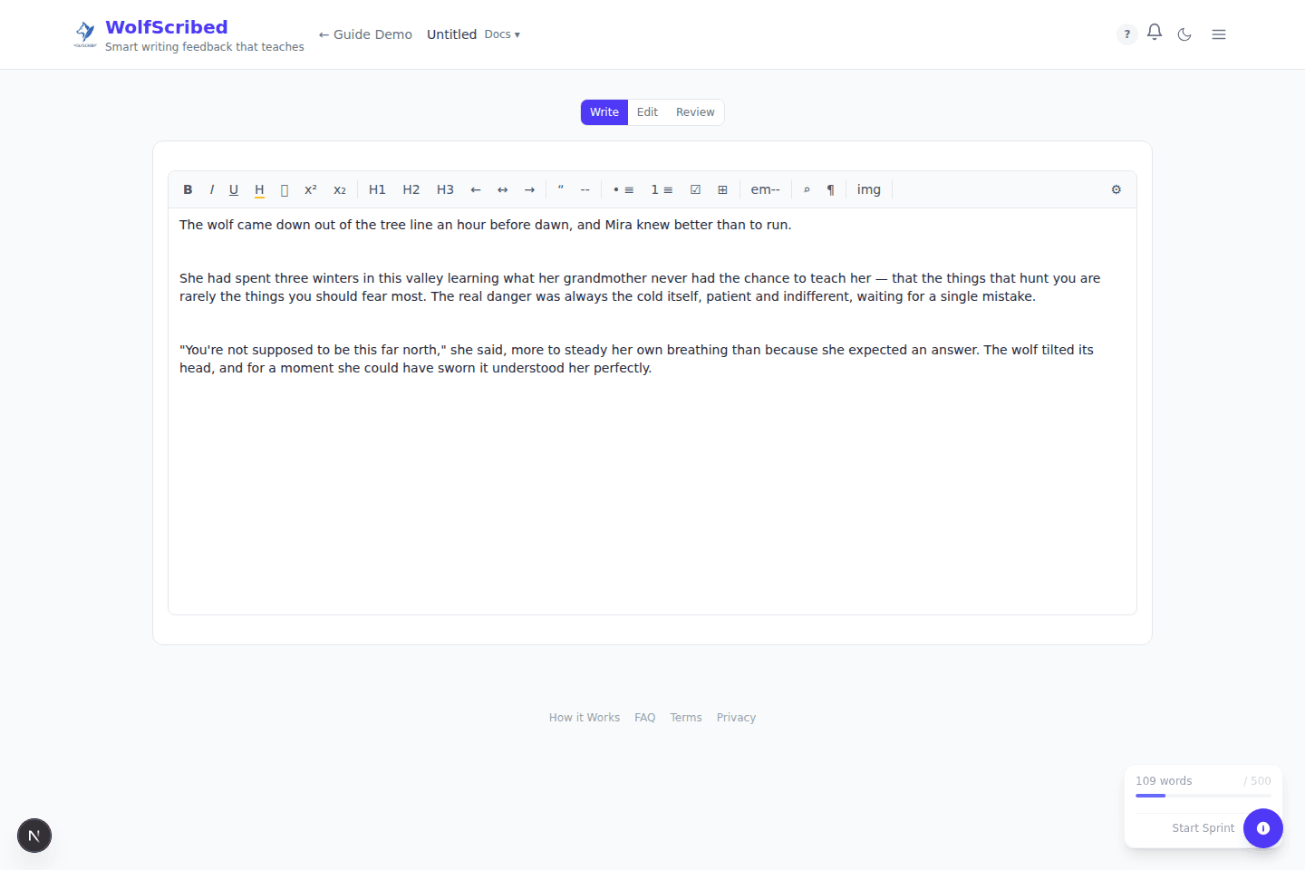 Write mode — a distraction-free page with just your prose and a word count